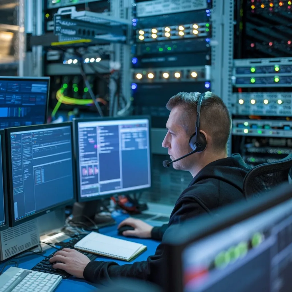 IT professional monitoring servers and cloud systems in a data center for managed service provider support